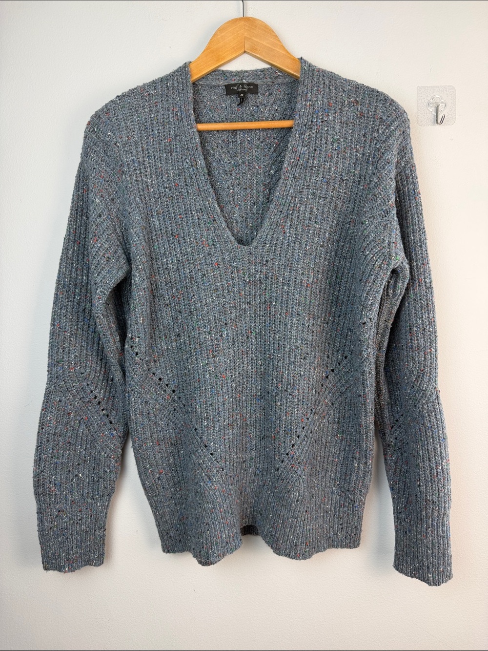 Rag & Bone Eco Donegal V-Neck Blue Sweater XS Relaxed Fit Recycled Wool Blend - Picture 8 of 16